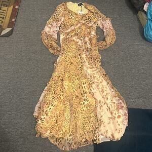 $189 Bardot Women's Pink Yellow Print Ruffled Long-Sleeve V-Neck Maxi Dress 6/S